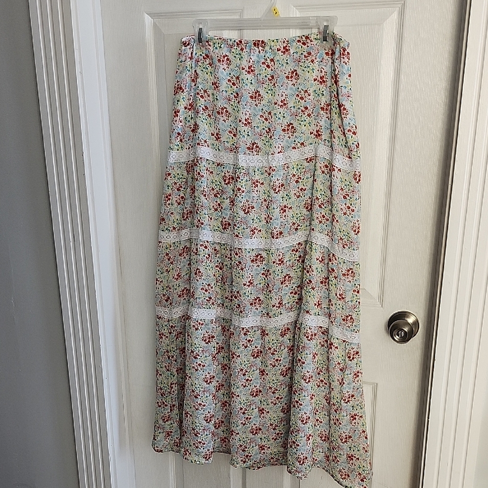 Grass Collection Pink Floral Tiered Maxi Skirt Casual Cottagecore Medium